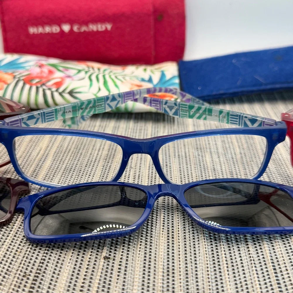 Hard Candy Reading Glasses Set 3 Pairs +1.50 Magnetic Sun Clips Cases Blue Pink